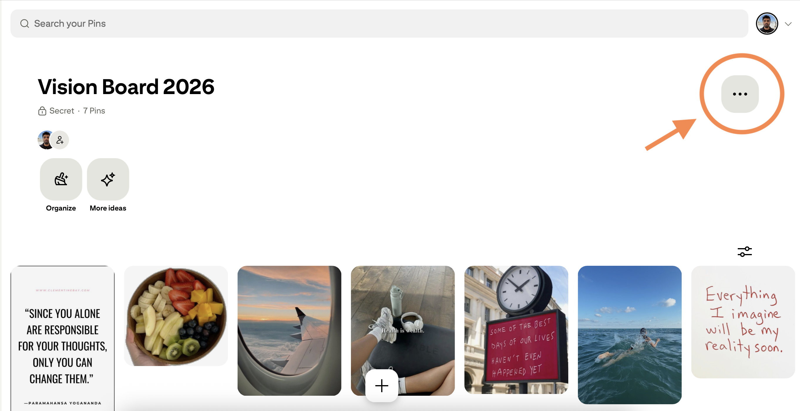 Pinterest board with the options menu open