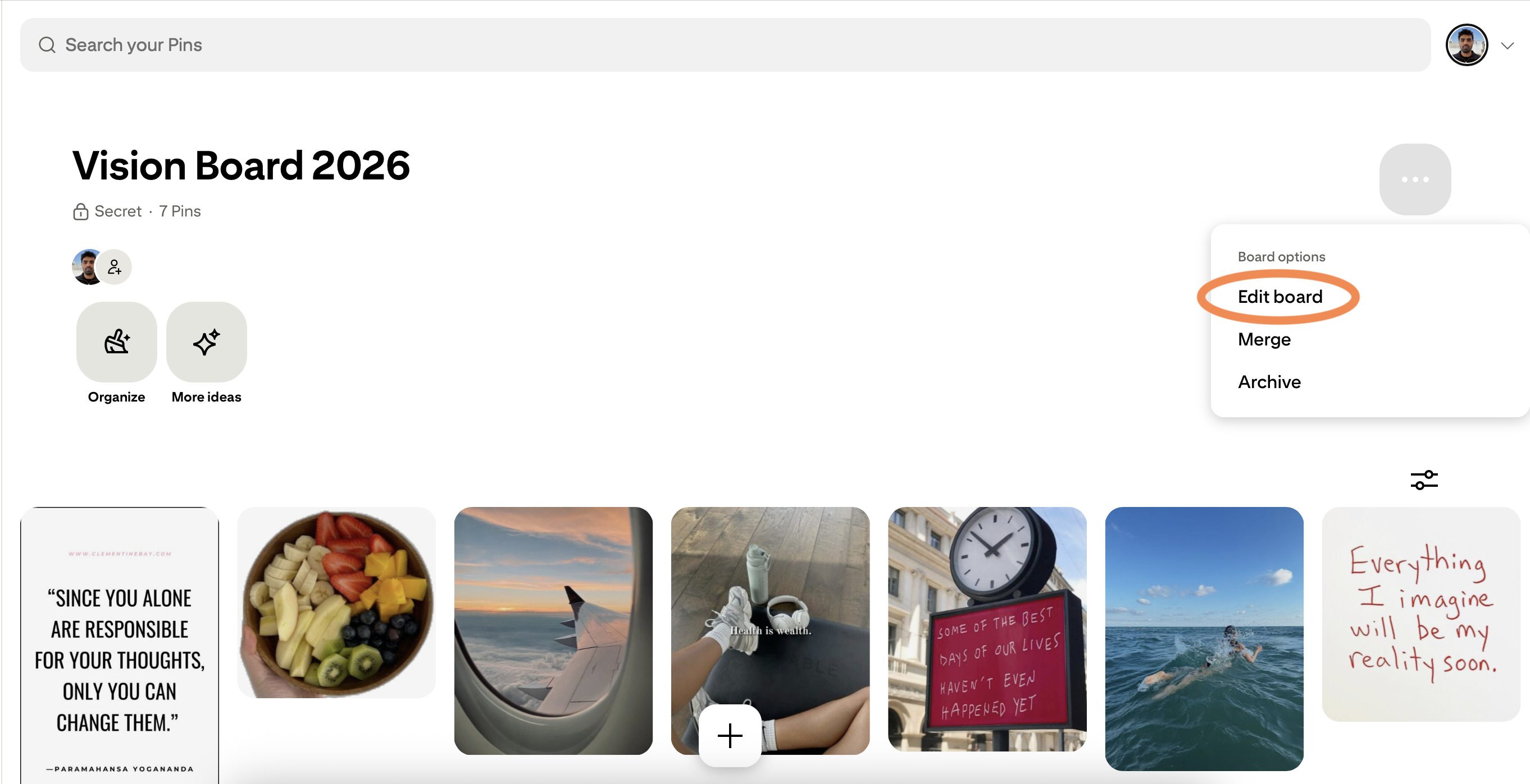 Pinterest dropdown menu with the Edit board option