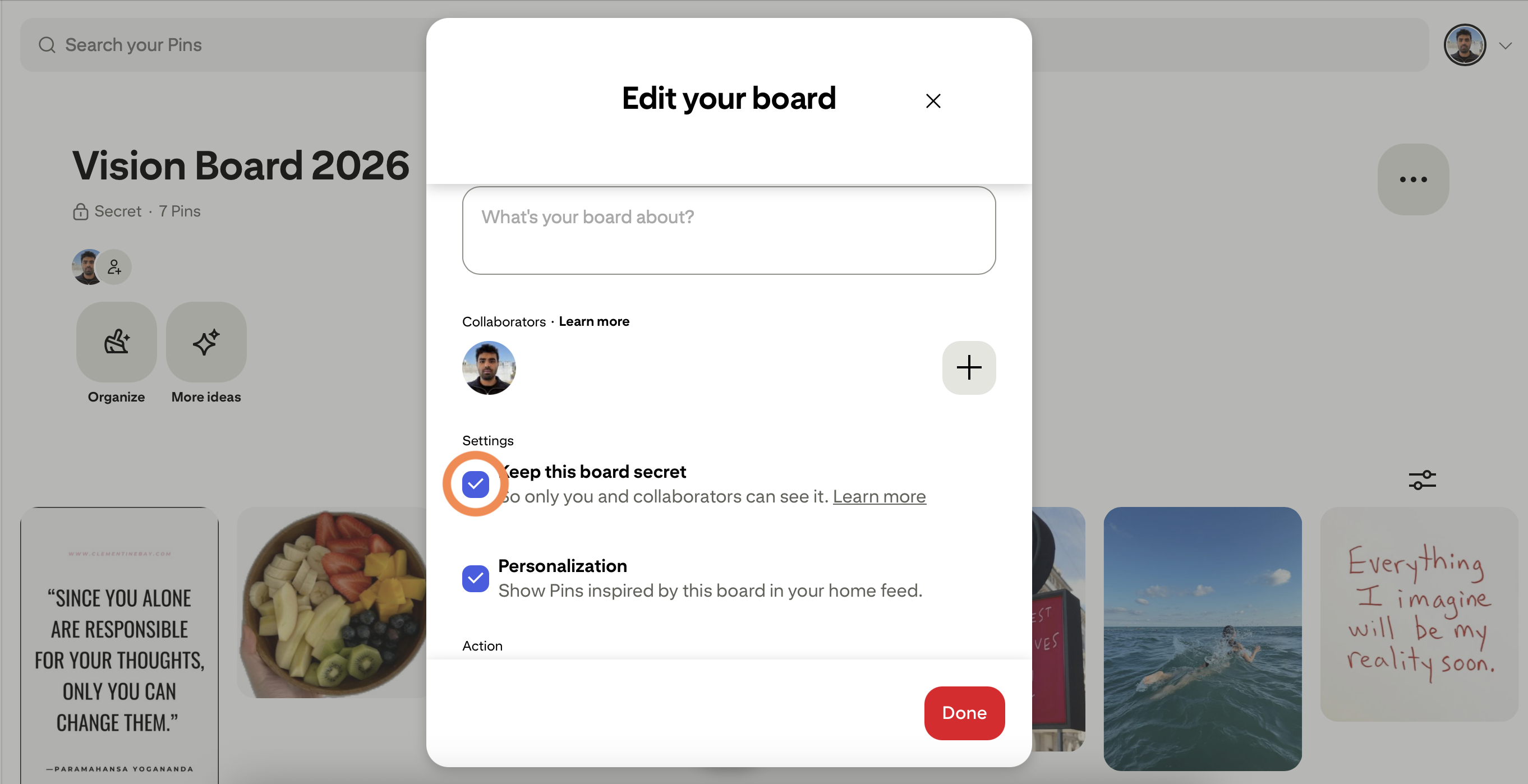 Pinterest settings with the secret toggle on