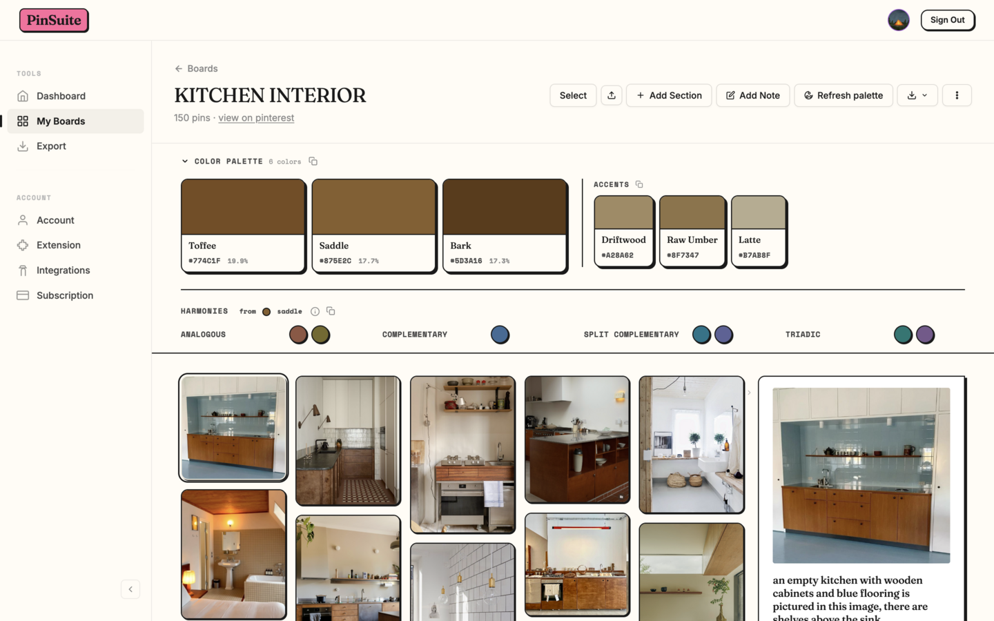Extracted color palette from a Pinterest board in PinSuite